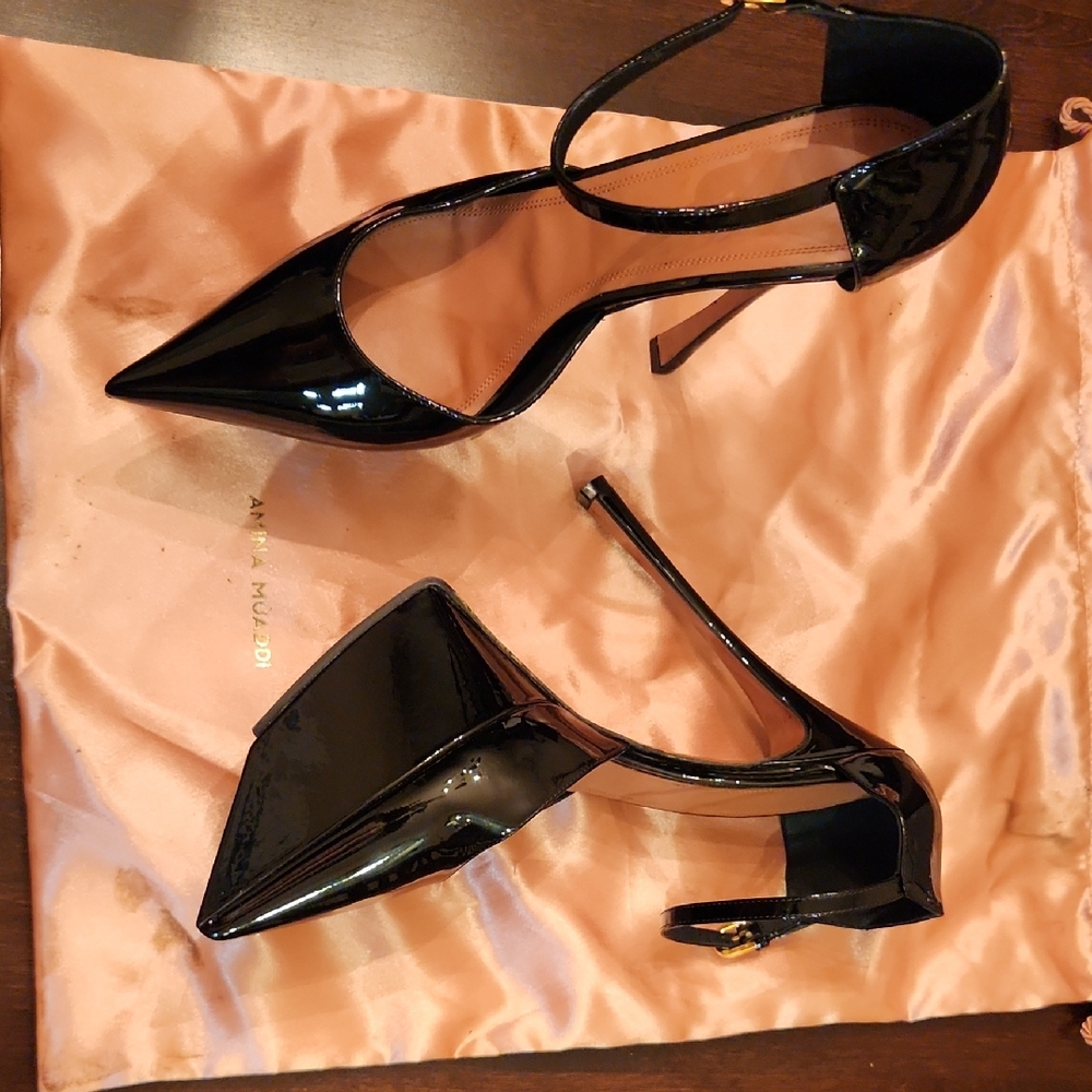 Amina Muaddi Black Patent Leather Heels